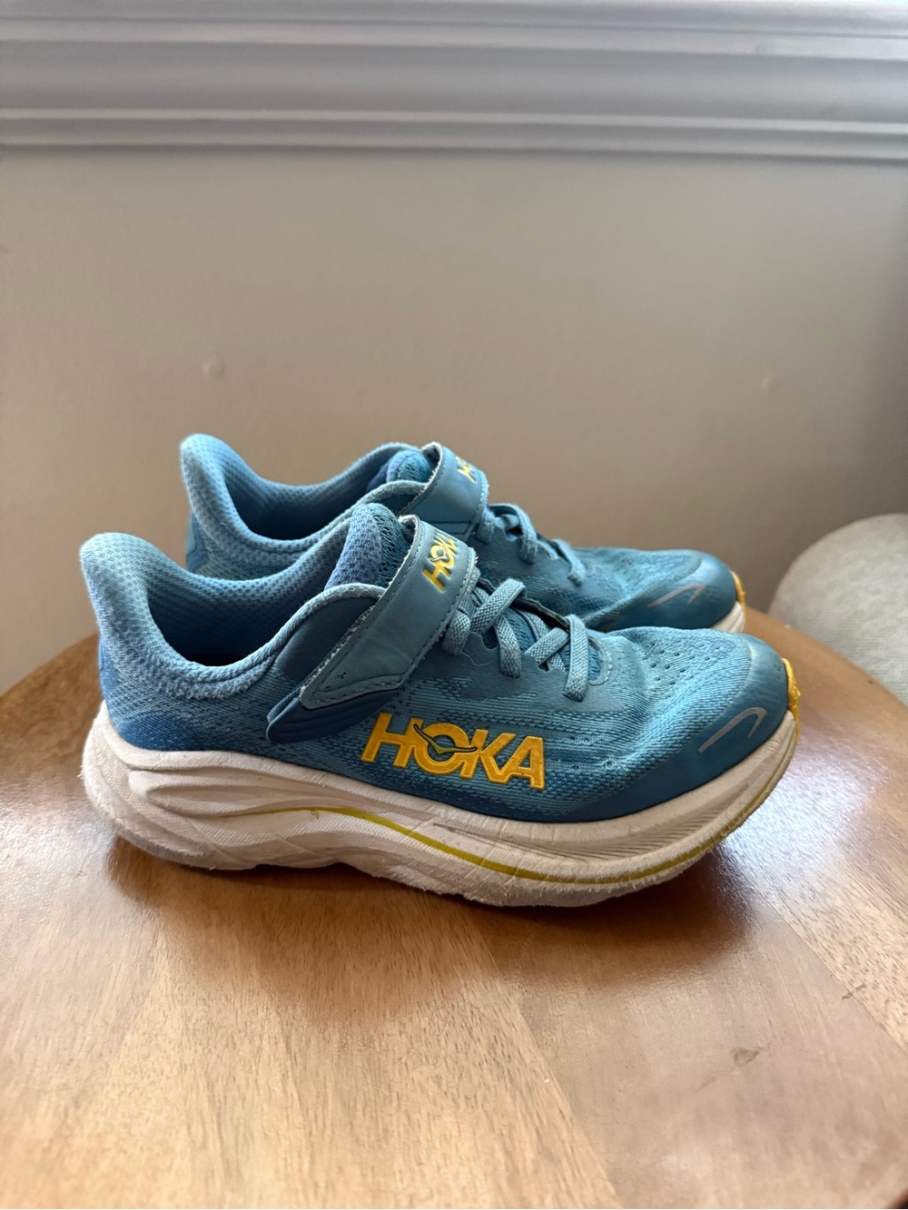Hoka Kids Light Blue and Yellow Velcro Sneakers Size 2 Youth